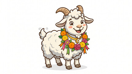 Fototapeta premium Cute cartoon sheep with floral garland and crescent moon necklace for Eid al-Adha 