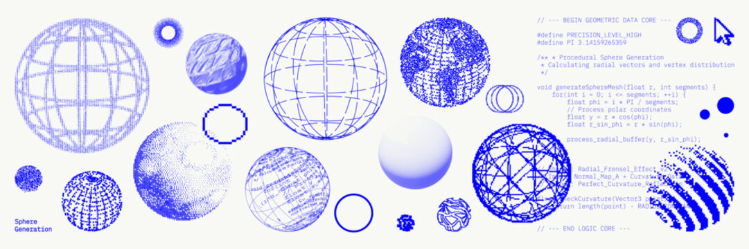 Set of abstract geometric shapes with bitmap, halftone and stipple effect. Trendy vector illustration with 3d wireframe models. Concept techno style
