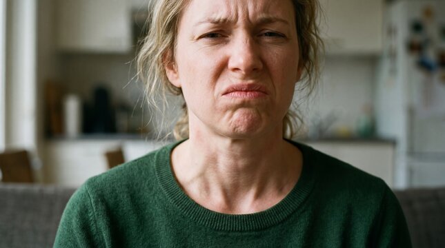 Woman with disgusted facial expression showing negative emotion. Portrait of young girl looking annoyed or smelling something bad. Feeling of repulsion, rejection and bad experience concept.