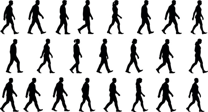 Black silhouettes of diverse men and women walking in sequence, illustrating human gait cycle, biomechanics, posture, and motion analysis isolated background