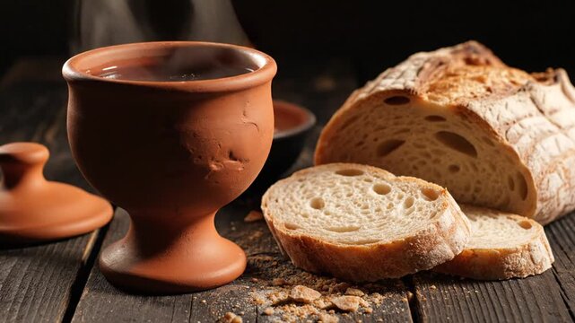 Terracotta goblet with bread slices on rustic wooden table