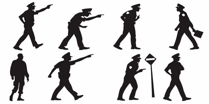 Police officers gesturing and walking silhouettes with traffic control silhouette pointing briefcase enforcement security authority civilian uniformed illustration collection movement