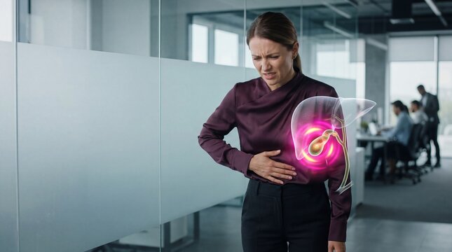 Woman with abdominal pain holding her side near a glowing visualization of the gallbladder. Concept of biliary disease, digestive system health and medical diagnosis in office workspace.