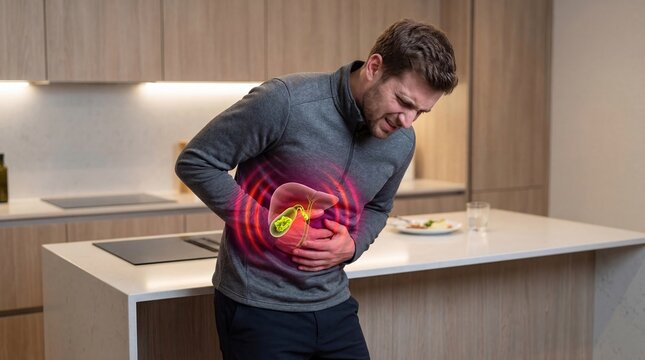 Man suffering from severe abdominal pain caused by gallbladder stone. Patient feeling sudden biliary colic. Healthcare concept for disease diagnosis, medical examination and human organ health.