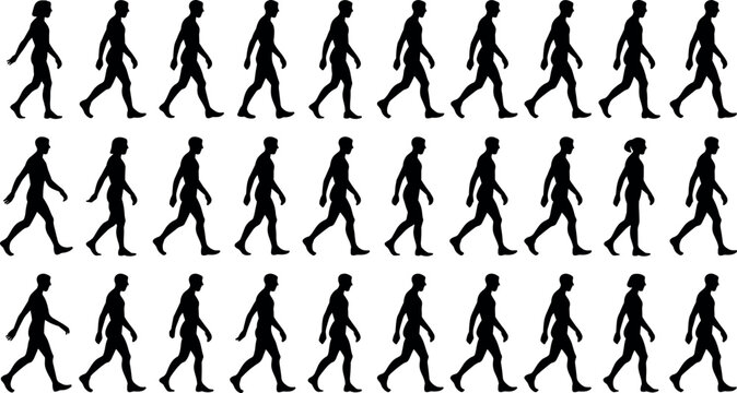 Black silhouettes of human figure walking sequence showing stride cycle, locomotion biomechanics, posture analysis, and motion study isolated background