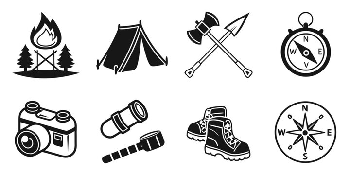 Eight icons related to outdoor activities and camping a campfire tents axes compass camera with axe and shovel campfire flashlight adventure equipment illustration collection pictogram
