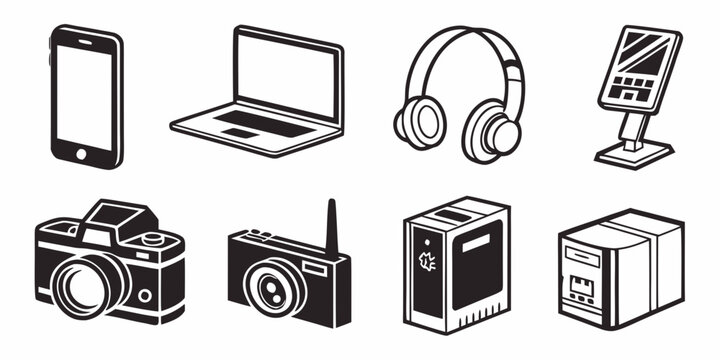 Collection of electronic devices and gadgets in a flat design style with smartphone headphones computer electronics technology communication photography computing illustration collection