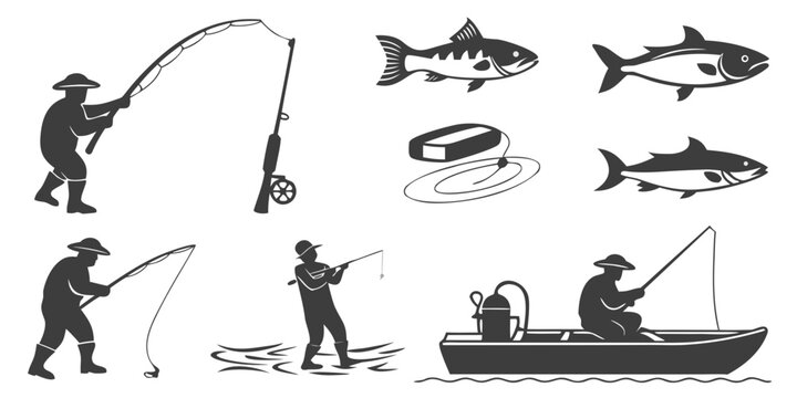 Fishing silhouettes and fish icons: anglers casting and catching with black and white silhouette recreation activity fisherman illustration vacation relaxation