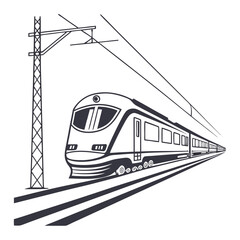 Sleek high-speed train illustration with dynamic perspective and overhead power lines public transport commuter train express train bullet train black and white locomotive transport © MD MOGAMMEL HAQUE 