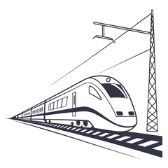 Fast commuter train on railway tracks with electric overhead lines dynamic angle high speed train power lines public transport express train bullet train black and white locomotive transport © MD MOGAMMEL HAQUE 