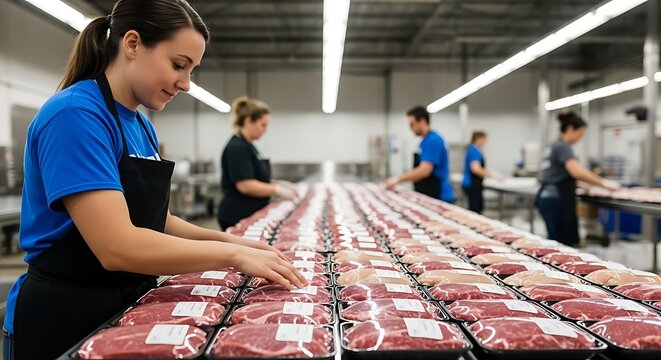 Meat processing plant workers packing.