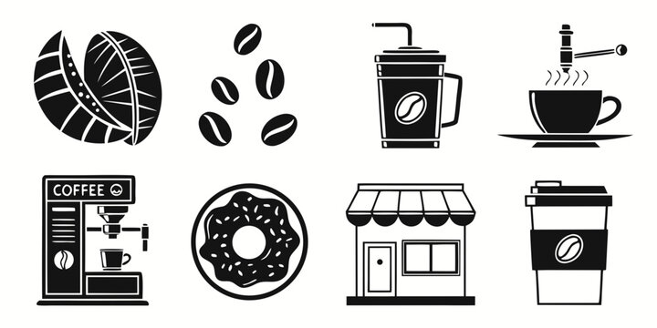 Collection of coffee shop icons: coffee maker cup beans donut storefront travel cup with espresso machine breakfast caffeine drinkware storefront takeaway refreshment beverage silhouette