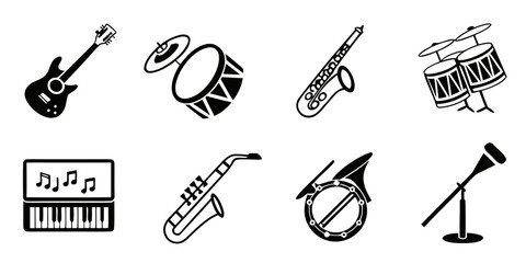 Set of black and white musical instrument icons including guitar drum saxophone piano and microphone on white background with instrument collection saxophone keyboard microphone performance © MD MOGAMMEL HAQUE 