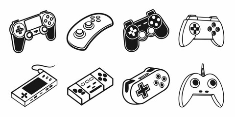Selection of various gaming controllers and portable consoles illustrated in a clean vector sketch style with controller joystick videogame handheld technology electronics illustration hardware © MD MOGAMMEL HAQUE 