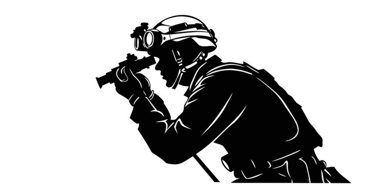 Soldier silhouette with tactical gear and night vision goggles using optical device graphic illustration black and white armed forces helmet mounted military silhouette tactical special forces
