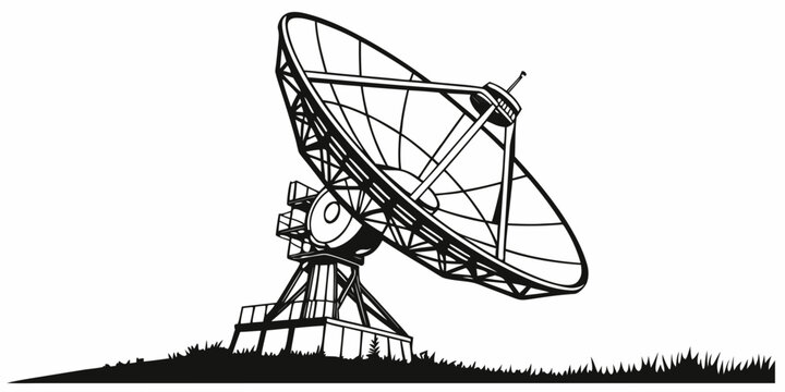 Parabolic antenna satellite dish silhouette illustration for data transmission networking and scientific space research with satellite parabolic communication technology networking astronomy