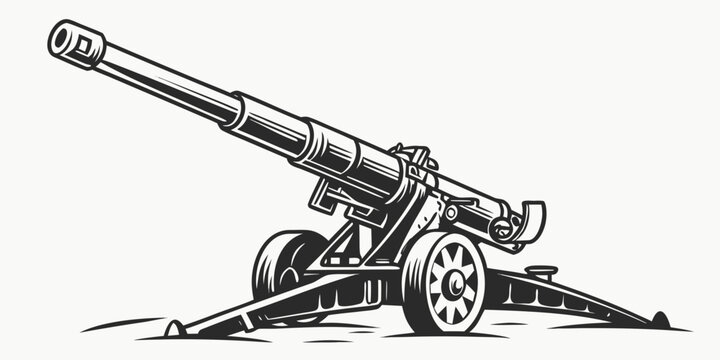 Antique field artillery cannon side view black and white graphic design element with artillery military historical conflict projectile battlefield fortress weaponry illustration silhouette