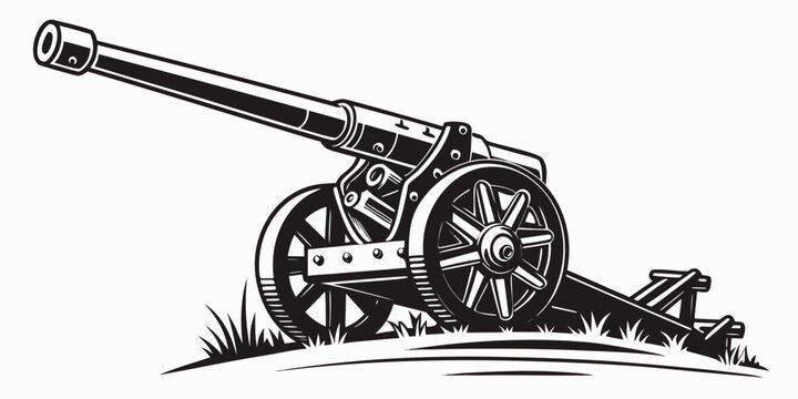 Classic wooden wheel artillery cannon monochrome graphic illustration with artillery military historical conflict projectile illustration silhouette monochrome isolated equipment ordnance