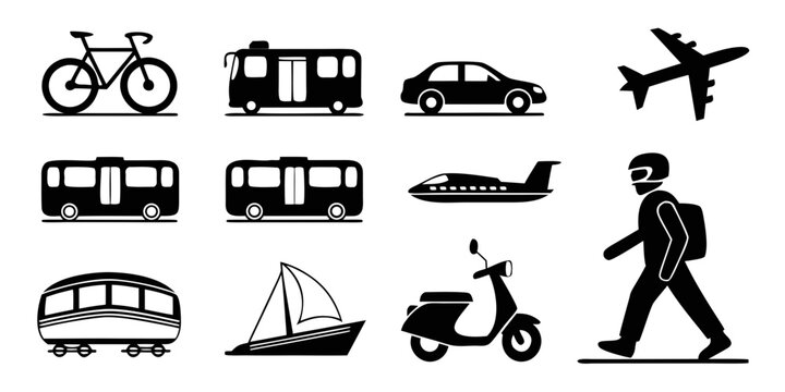 Collection of diverse transportation icons including bicycle camper van car airplane bus private jet walking person train sailboat scooter with public transport air travel ground transport web icon