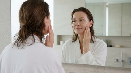 Fototapeta premium Beautiful mature woman in 50s looking in mirror for skincare routine and healthy dental beauty