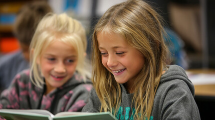 Obraz premium Two happy young schoolgirls sitting together and reading a book in a school library