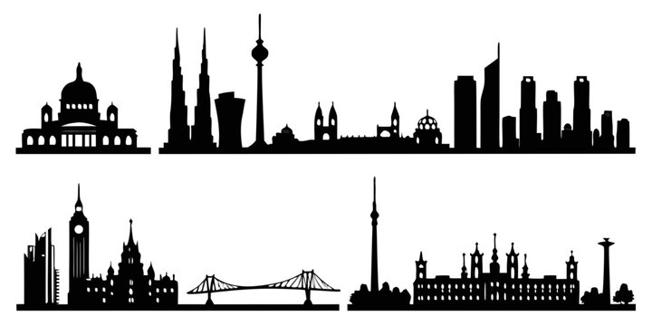Set of international city skylines silhouettes with silhouette architecture building landmark metropolis landscape panorama downtown business district illustration monochrome isolated