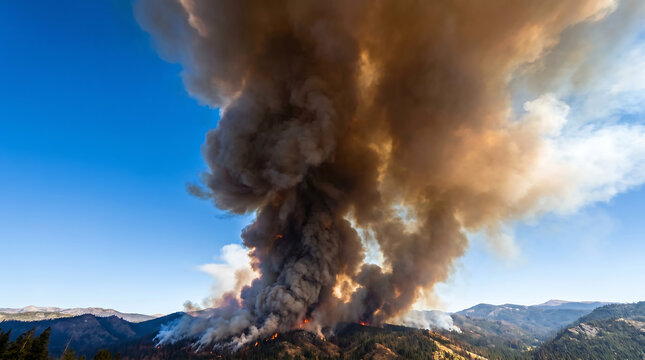 Massive wildfire engulfs a forested mountain, sending a towering plume of dark smoke into a bright blue sky.
