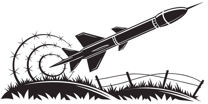 Graphic illustration of a missile launching over barbed wire and fence in a grassy field with military technology conflict strategic artillery security ballistic projectile explosive armament