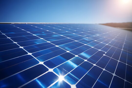 Expansive solar panel array under a clear blue sky stretching into the horizon with renewable ene