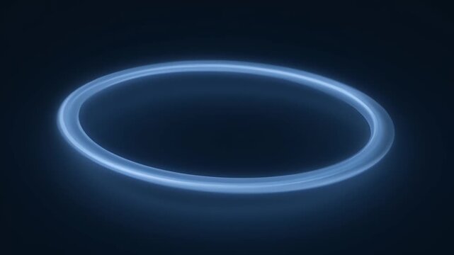 Abstract neon blue glowing ring rotating on dark background with cinematic motion blur and futuristic digital aura effects.