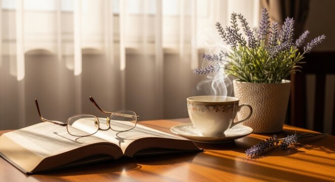  a cozy morning scene, likely a stock photo representing a quiet moment of relaxation