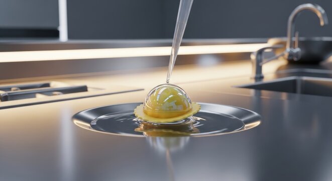a culinary technique called underwater poaching, where an egg yolk is gently cracked into a shallow liquid (often water or oil) to maintain a perfect spherical shape