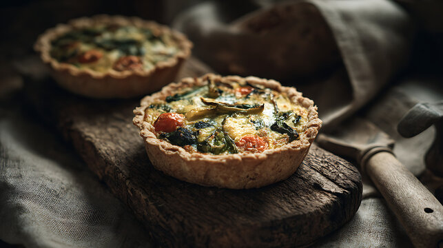 Savory Mini Vegetable Tartelettes with Spinach and Cheese Filling on Rustic Wooden Board Close-Up
