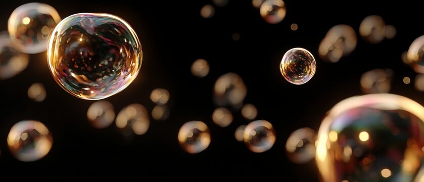 Floating iridescent soap bubbles with rainbow reflections on black background