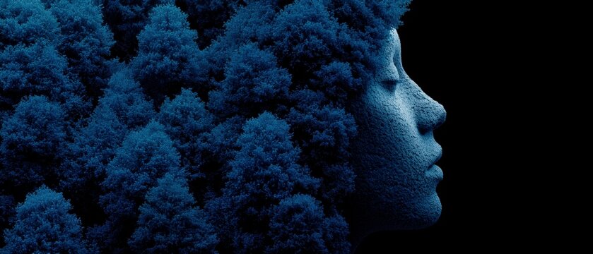 Profile of human face silhouette merged with dense blue forest trees on black background