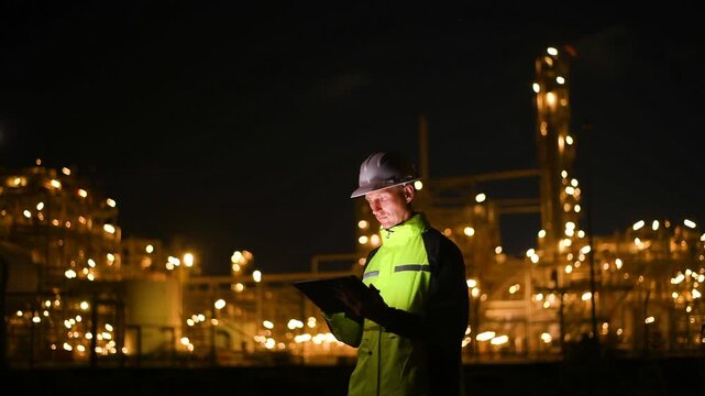 Engineer survey team wear uniform and helmet stand workplace checking blueprint project, tablet computer inspection work construction site with night lights oil refinery background.