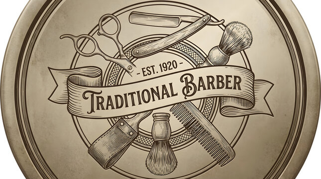 Vintage barber shop emblem with traditional tools and establishment date of 1920, conveying a classic and established grooming experience