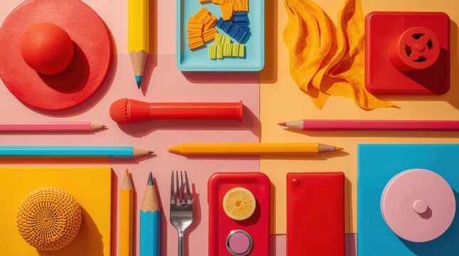 Colorful Creative Flat Lay with Stationery, Accessories and Bright Design Elements