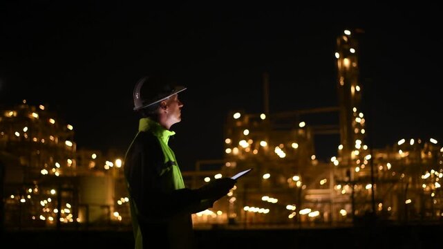 Engineer survey team wear uniform and helmet stand workplace checking blueprint project, tablet computer inspection work construction site with night lights oil refinery background.