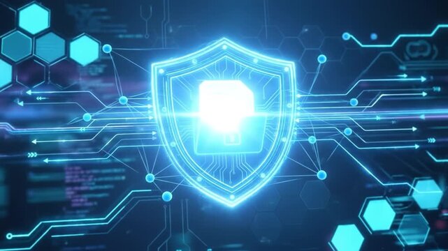 Cyber security shield protecting document and folder with digital network data flow, glowing blue line interface, technology protection background