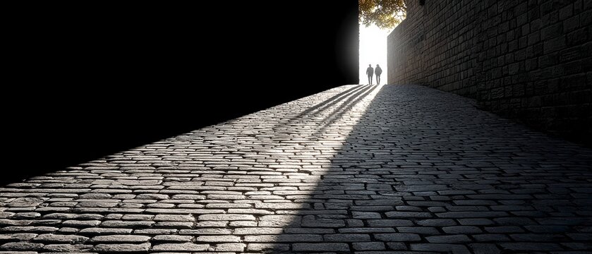 Two people silhouettes walking towards bright light through dark stone tunnel exit representing hope and new beginnings in conceptual photography