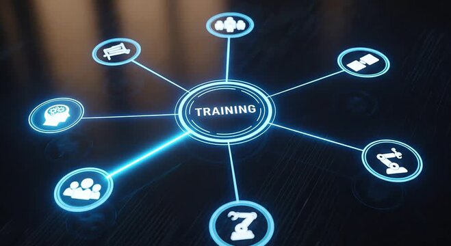 Training session with glowing blue lines and icons on dark background 