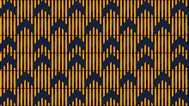 Modern seamless geometric pattern background featuring vertical orange and black stripes with repeating dark blue chevron shapes for a dynamic textile or wallpaper design.