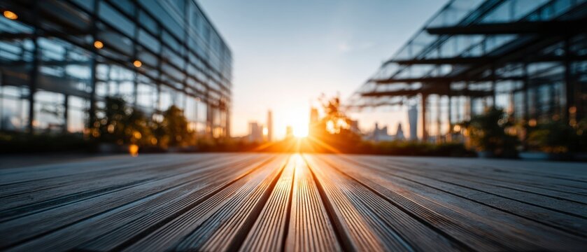 Sunlight hitting wooden deck at sunset in front of modern office building