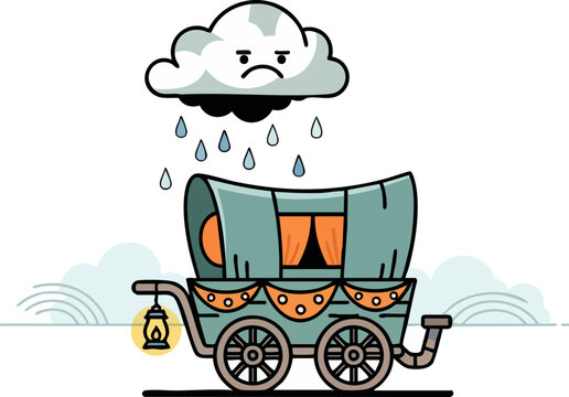 Vintage circus wagon illustration under a sad rain cloud, retro carnival caravan vector, whimsical nomadic gypsy cart with lantern and raindrops