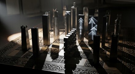 Naklejka premium Abstract Chess Board with Glass Pieces and Dramatic Lighting Effects