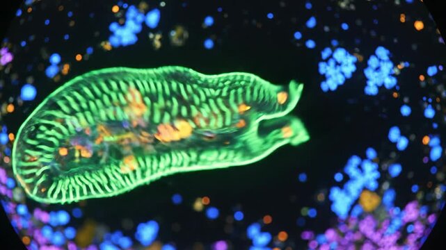 A microscopic view of a green, elongated microorganism with pink and orange structures