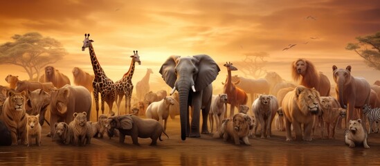 Witness the awe-inspiring harmony of the African savanna as its most iconic inhabitants gather under the glow of a setting sun.