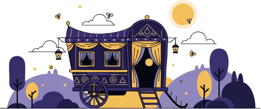 Bohemian gypsy caravan vector illustration, mystical purple vardo wagon with yellow curtains, whimsical nomadic home in a magical landscape