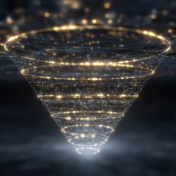Digital representation of a glowing data funnel forming an abstract network of golden light particles and interconnected lines against a deep dark background